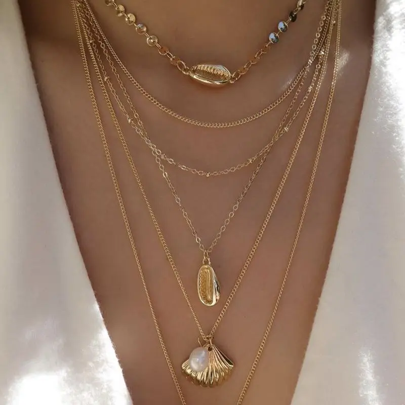 Новая мода золотого цвета Cowire Shell Conch Многослойная цепь Ожерелье Подвеска для женщин винтажное ожерелье с морской звездой ювелирные изделия - Окраска металла: As photo
