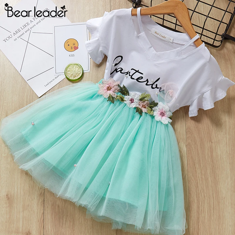 Bear Leader 2016 New bebe Fashion Kids Girls Clothes Set Black Bowknot Short T-shirt +Flowers Ball Gown Dress 2pcs Clothing Sets