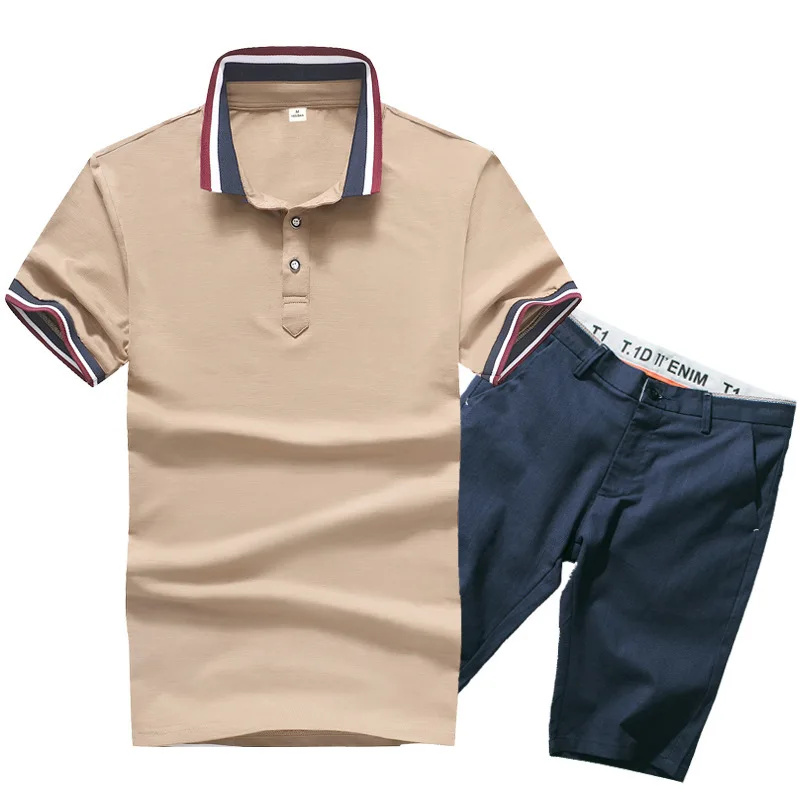 Man Polo Shirt Set Summer Brown White Male Quality Short Sleeve Knee Length Men Polo-shirts Shorts Suit