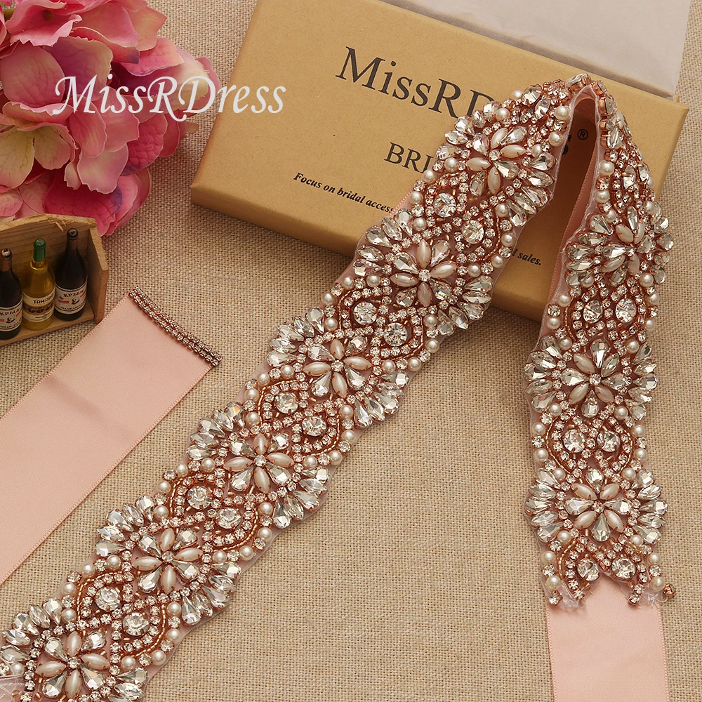 MissRDress Elegant Wedding Sash Belt Rose Gold Crystal Ribbons Rhinestones Bridal Dress Sash