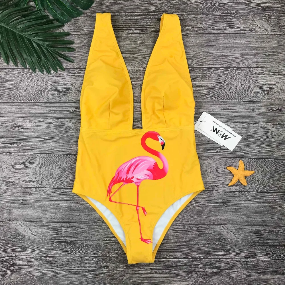 Sexy Multicolor bird print V Neck Push Up Padded High Waist One Piece swimsuit Swimwear Women Bodysuit Bathing SuitMonokini