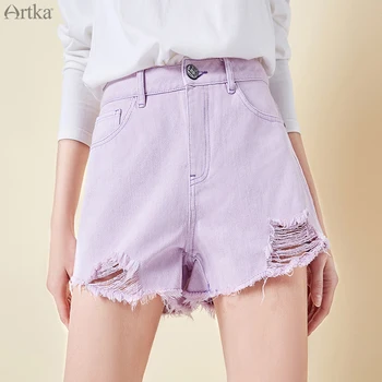 

ARTKA 2019 Summer 100% Cotton Women Shorts Fashion High Waist Slim Leg Shorts Hole Design With Pocket KN10093C