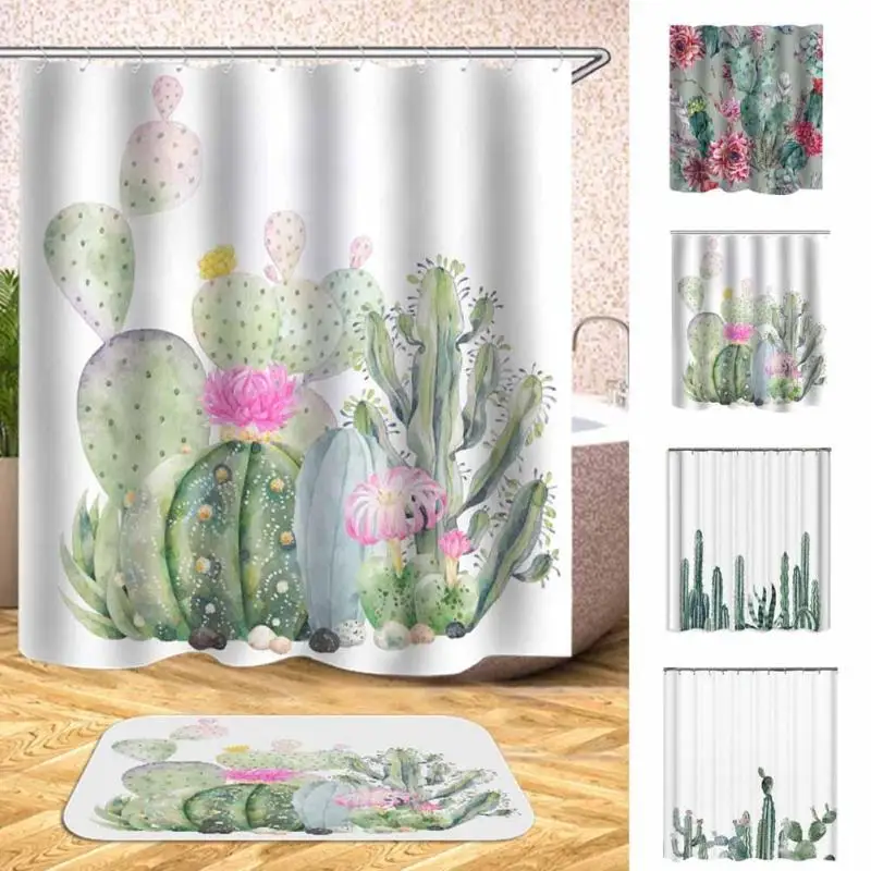 WaterproofTropicalCactusShowerCurtainPolyesterFabricBathCurtain