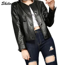 Шило GO кожаная куртка Женская Осенняя мода Овчина натуральная кожаная куртка с круглым вырезом передний карман длинный рукав однобортный