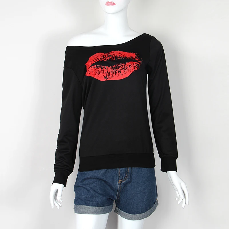 Off Shoulder Female Pullovers Long-Sleeved Women Hoodies Funny Sweatshirts Mouth Red Lip Printed Raw Edge Sexy Hoddy Black ZX035 Hoodies