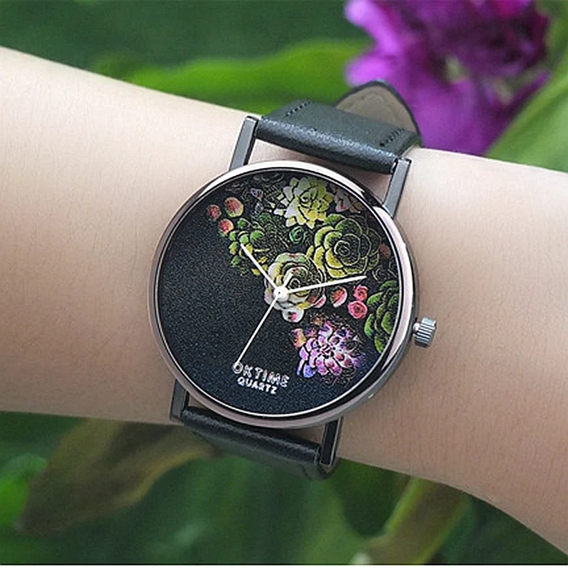 

drop shipping Fashion Women Watch Casual flower Printed Watches Leather Quartz Wristwatch Female Clock Relogio feminino 2017