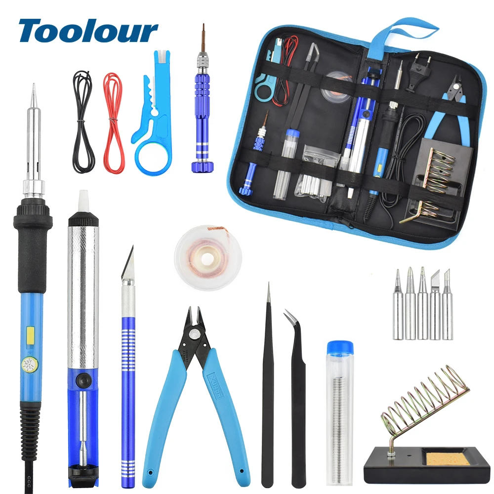 

Toolour 60W 110V/220V US/EU Plug Power Switch Adjustable Temperature Electric Soldering Iron Kit Welding Station with Carry Bag