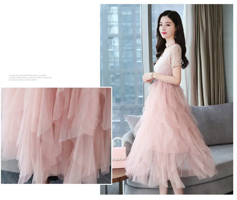 Модные Корейский Элегантный розовый кружевной лоскутное шифон платье с кисточками Для женщин летние шорты рукавом v-образным вырезом платья женские vestidos mujer