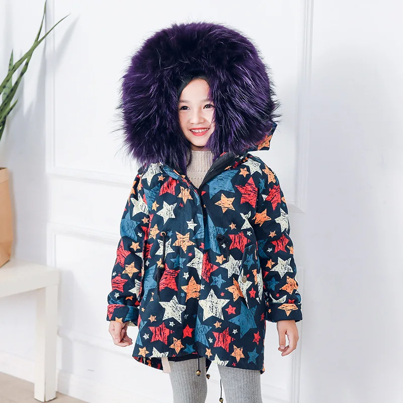 

2018 New Star Print Sable Cap Collar Cotton Girl Long Clothes Boy Warm Coat Kids Clothes For Children Winter Clo