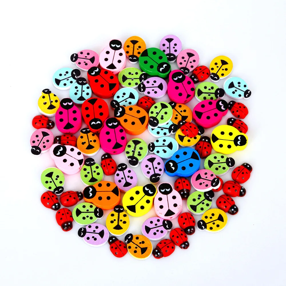 

High Quality 9x13mm/12x17mm/14x20mm Wood Sewing Buttons 50Pcs/lot Scrapbooking Ladybug Mixed Two Holes For DIY Cloth Accessories