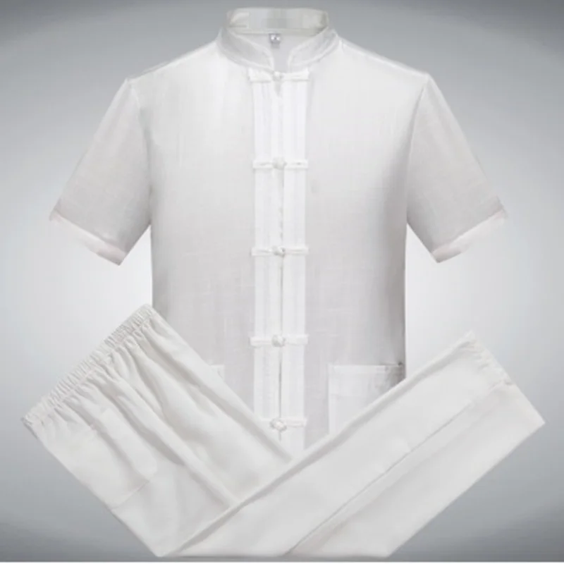 Мужской классический китайский стиль летний костюм с короткими рукавами Тан костюм Тай Чи мужской костюм Кунг-Фу рубашка+ брюки комплект одежды - Цвет: White