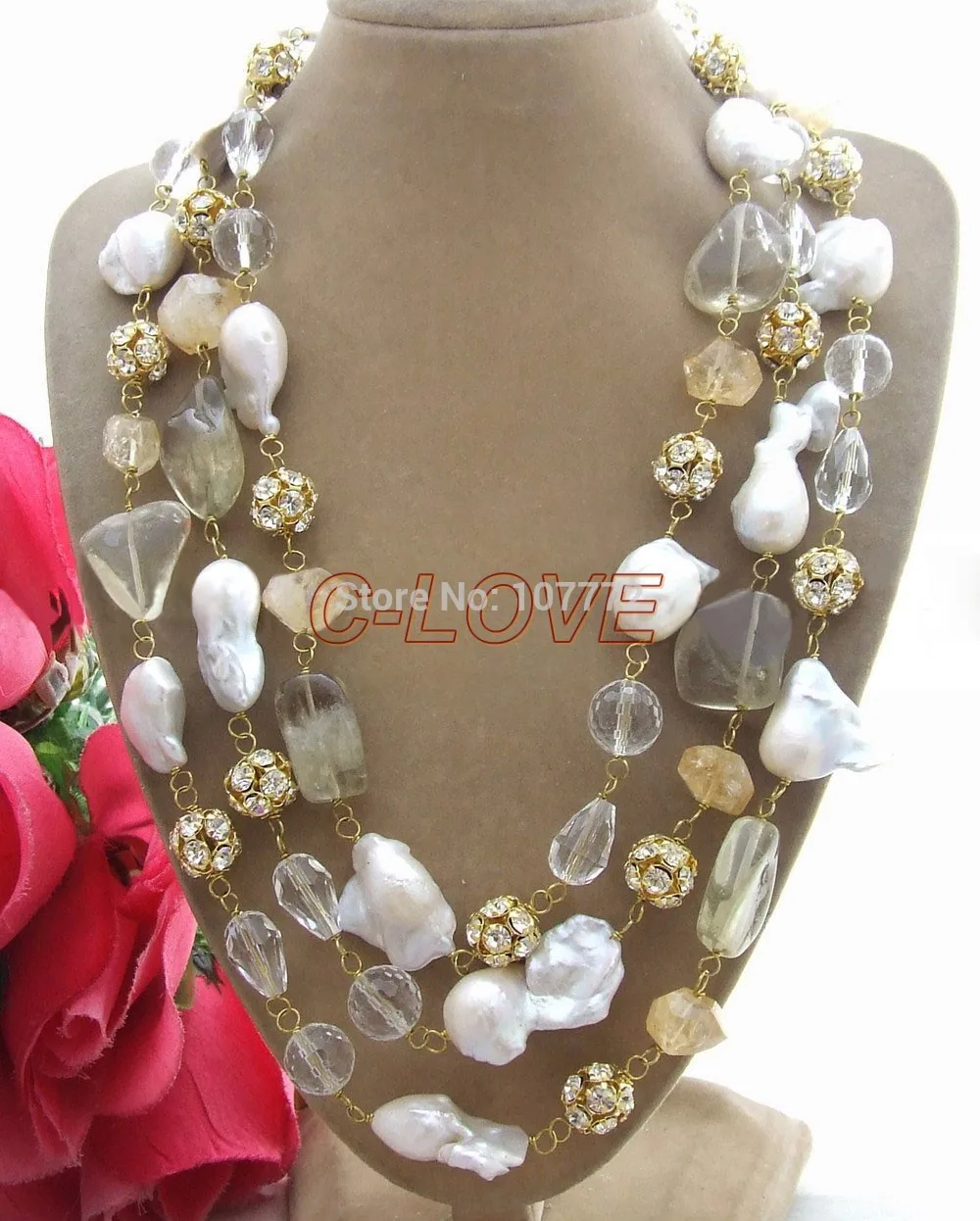 62" 22MM Bead Nucleated Pearl&Lemon crystal&Yellow Crystal Necklacein