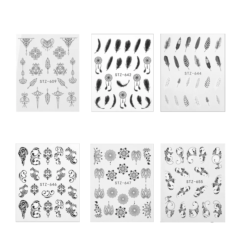 

Nail Watermark Sticker/Abstract Art Nail Sticker 6 Sheet/set Nail Water Decals Flower Feather Geometry Nail Art Tranfer Stickers