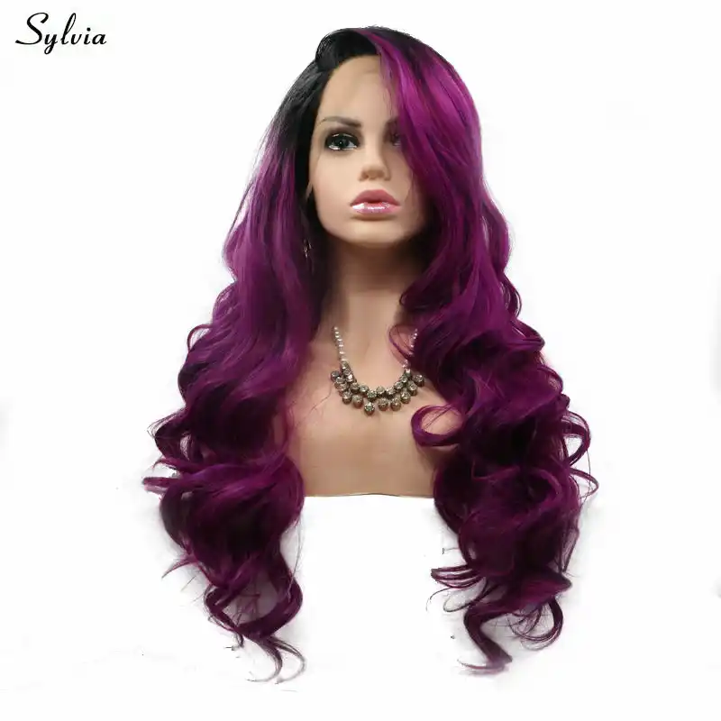 Sylvia Long Hair Black Ombre Dark Purple Synthetic Lace Front Wigs