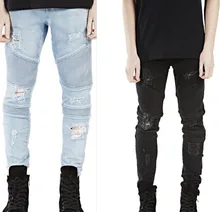 2016 Уничтожено Мужские Тонкий Деним Прямые Байкер Skinny Джинсы Мужчины Разорвал Джинсы Представляют Дизайнер Одежды Брюки Синий/Черный