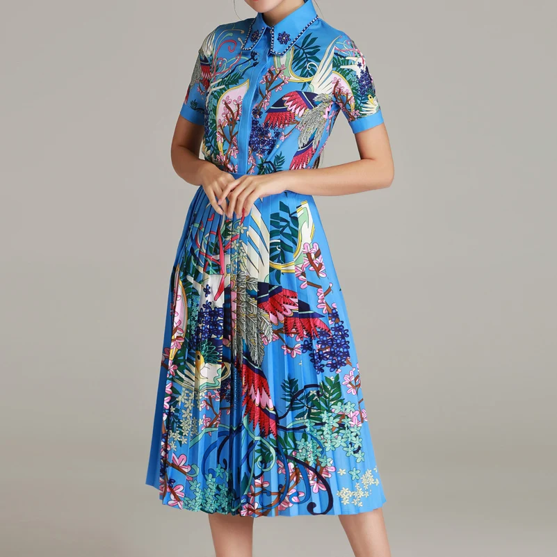 

High quality designer summer Women's Sets lapel Short Sleeve Beaded Crystal Shirt+Casual Printed Pleated Midi Skirt 2 Piece Set