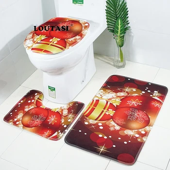 

LOUTASI 3pcs/set Merry Christmas Bath Mat Bathroom Carpet Set Xmas Snowman Pattern Anti Slip Pedestal Rug Lid Toilet Cover