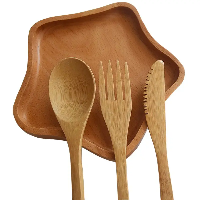

New 3Pcs/set Wooden Dinnerware Set Bamboo Fork Knife Soup Teaspoon Catering Cutlery Set With Cloth Bag Kitchen Cooking Tools