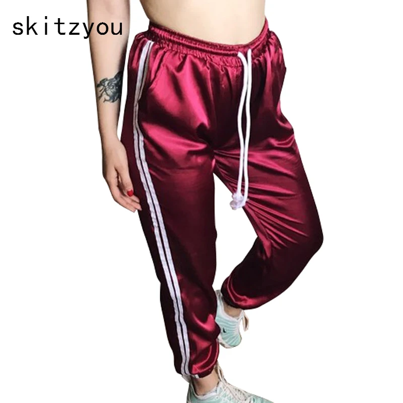 

skitzyou 9 Colors Spring Summer Women Basic Thin Stain Pants Elastic Waist Casual Red Black Drawstring Ankle Length Summer Pants