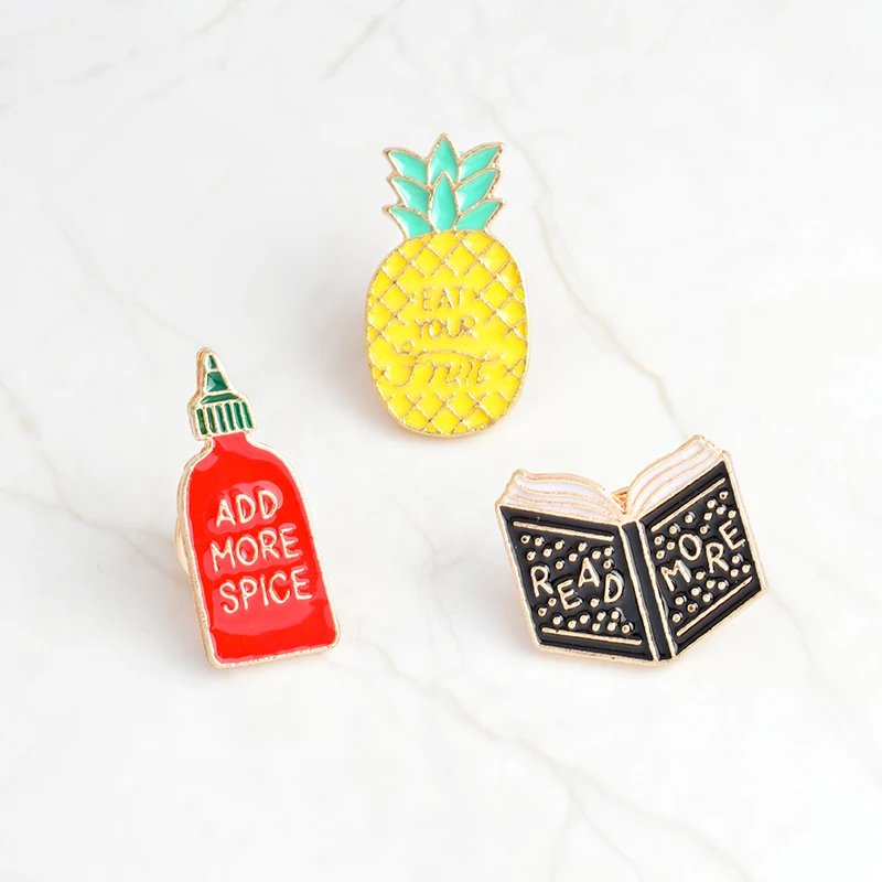 

3pcs/set Pineapple EAT YOUR FRUIT ADD MORE SPICE READ MORE Enamel Brooch Denim clothes Pin Badge Fashion Jewelry gift for kids