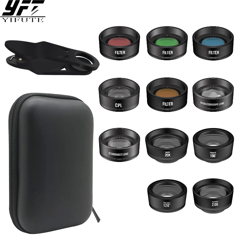 

YIFUTE Phone lens kit universal 11 in 1 Fisheye Wide Angle macro Lens CPL Filter Kaleidoscope+2X telescope Lens for smartphone
