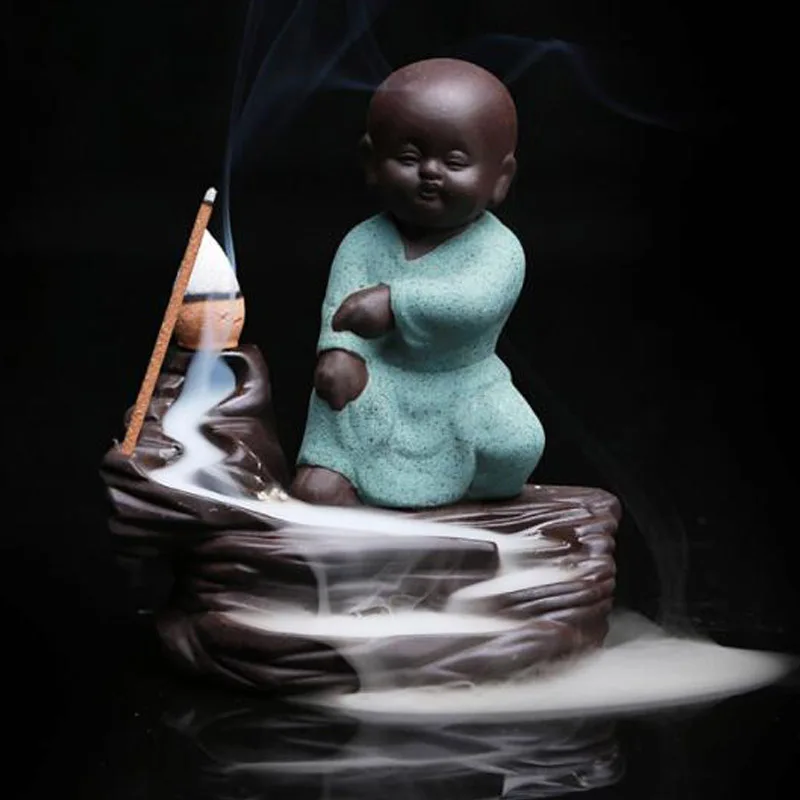 Backflow Incense Burner Ceramic Little Monk Stick Incense Holder Home Decor Aromatherapy Buddha Censer+ 20Pcs Incense Cones - Цвет: KungFu Green