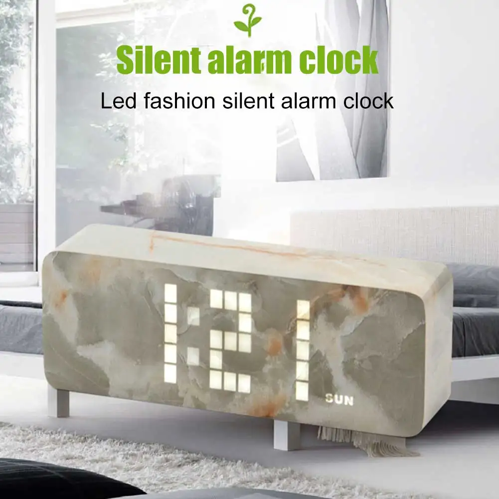

Marble-like Wood LED Alarm Clock Digital Ultra-silent Desk Alarm Clock with Thermometer QJS Shop