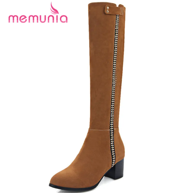 

MEMUNIA new arrive 2018 autumn winter knee high boots pointed toe high heel women boots square heel zip knight boots size 32-43