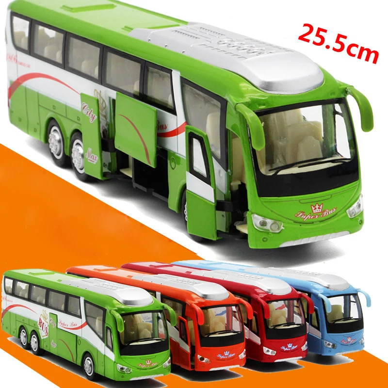 

25.5cm Large Size Tourism Bus Alloy Model Alloy Roof 5 Open Doors Pull Back Lighting Sound Effects Sightseeing Bus Model Toy Car