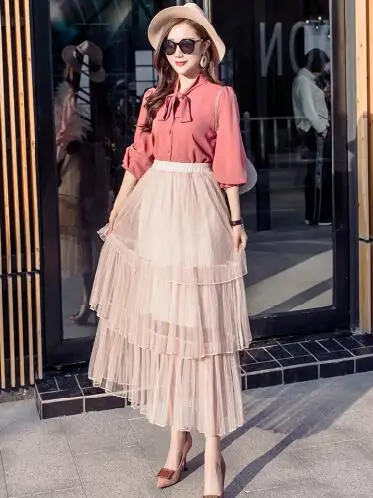 MexeMara модная Осенняя новая многослойная сетчатая эластичная юбка - Цвет: Розовый