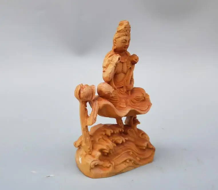 Китайская резьба по дереву сидение лотоса Гуаньинь статуя Будды