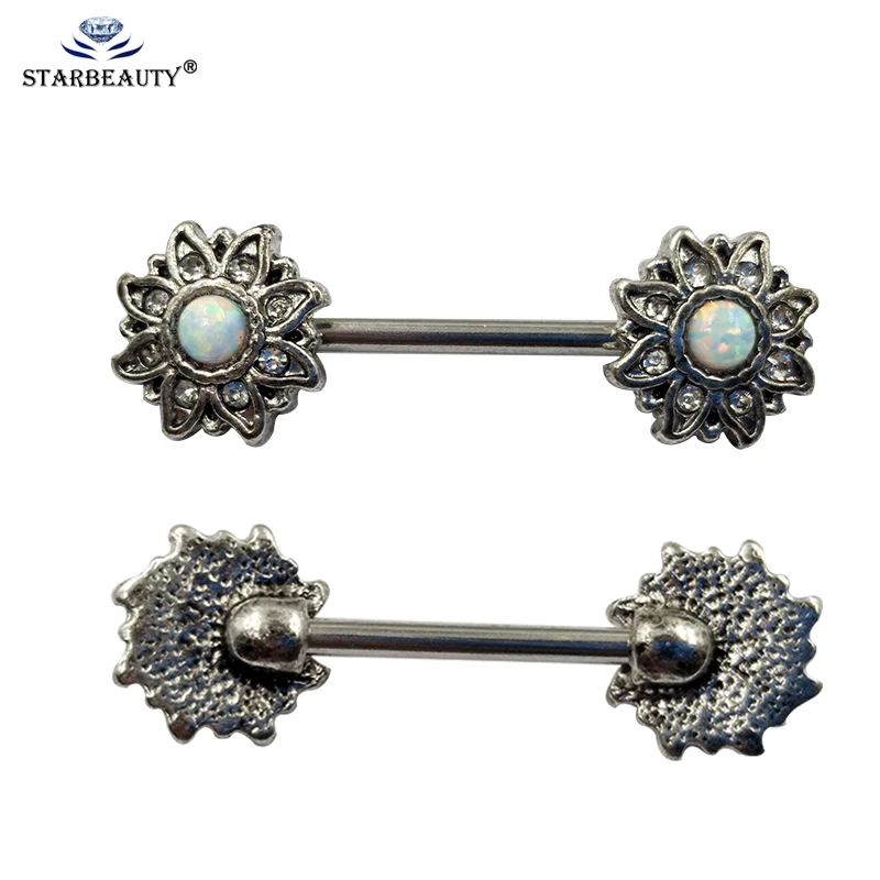

2Pcs/Lot Sunflower with Blue Nature Stone Nipple Earring Piercing 1.6*16mm Fake White Opal Nipple Jewelry Earrings Sexy Women