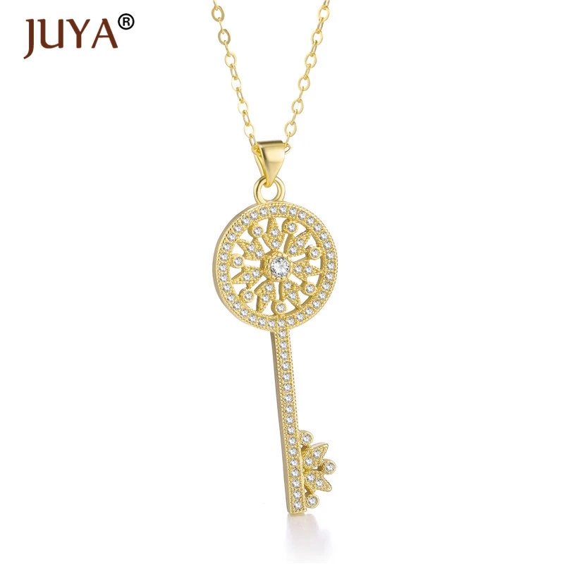 fashion statement necklaces for women Luxury Jewelry Copper Zircon Rhinestone Key Pendants Necklace Silver Femme - Metal Color: gold