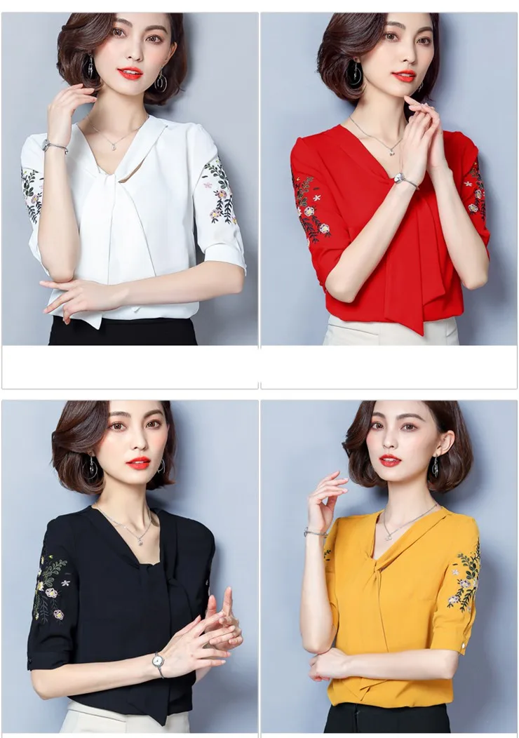 2018 New Arrival Lady Blouse Summer Fashion Shirts Floral Embroidered Tops Plus Size Short Sleeve Office Chiffon Blusas Feminina (3)