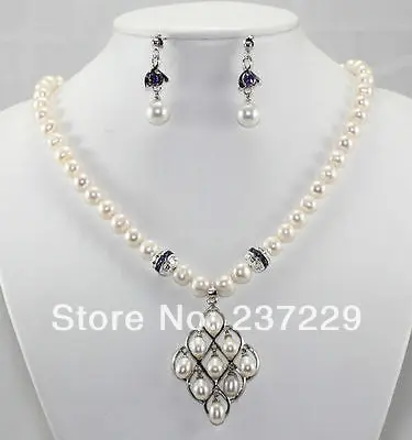 

Wholesale price FREE SHIPPING acharming 8MM white pearl purple crystal earrings necklace jewelry set