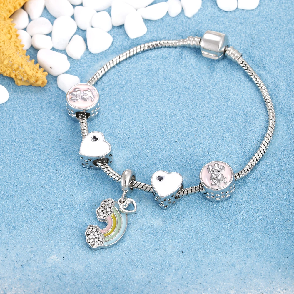 

Fashion Silver Charm Bracelet Purple Crystal Angel Key Rainbow Heart Leaves Pendant Bangles For Women DIY Handmade Jewelry Gift