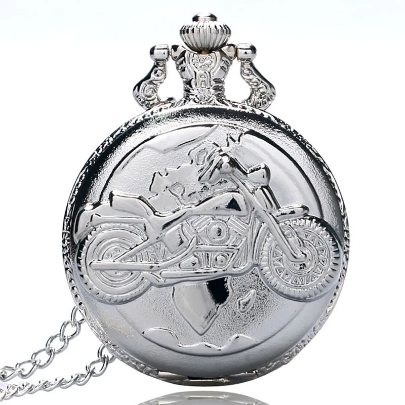 Серебряный Цвет карманные часы мотоциклы узор Relogio де Bolso кварцевые часы с Цепочки и ожерелья цепь P455
