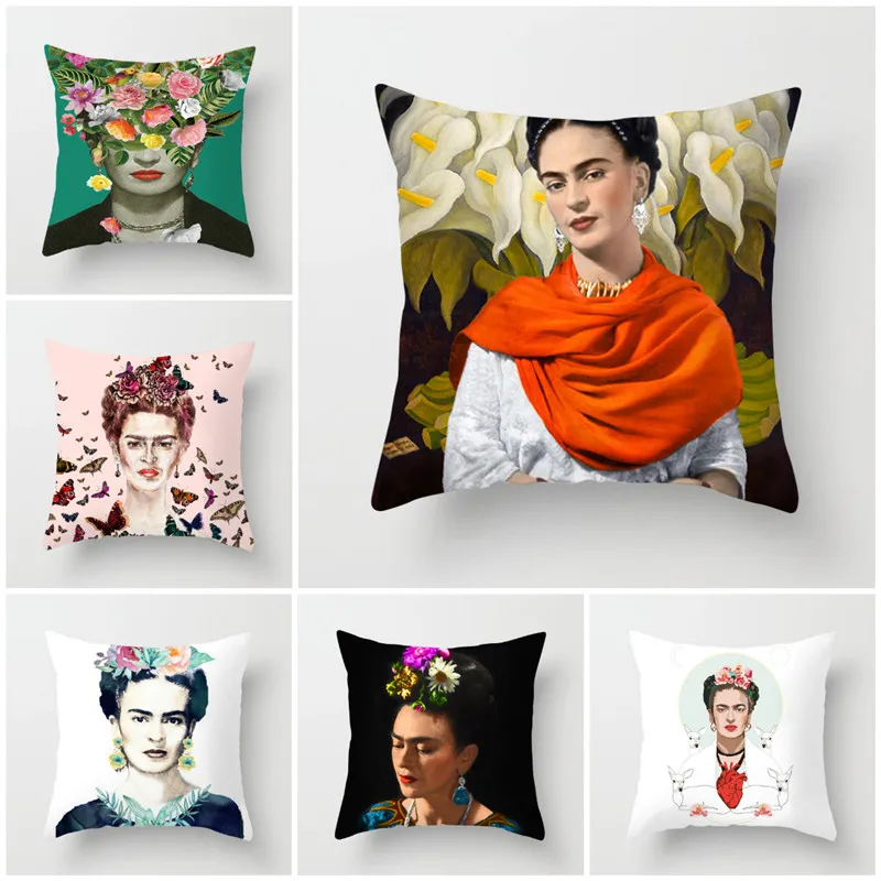 

Modern Art Cushion Cover Mexican Painter Self-portrait Pillowcase Funda Cojin Polyester Pillowcase Home Couch Decorative 45x45cm