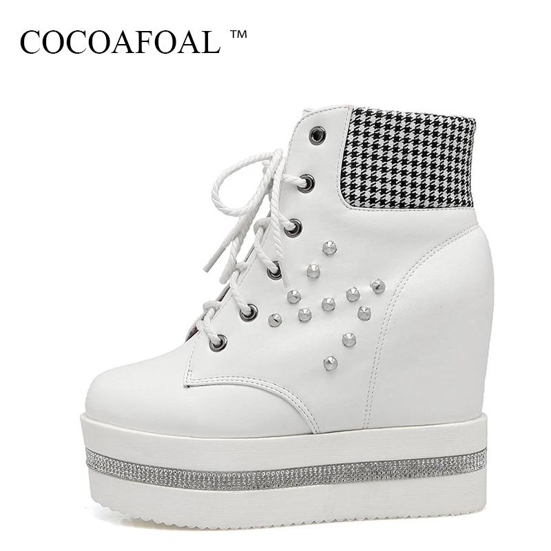 

COCOAFOAL Fashion Rivet White High Heeled Shoes Woman Winter Crystal Ankle Boots Sexy Black Height Lncreasing Martin Boots 2018