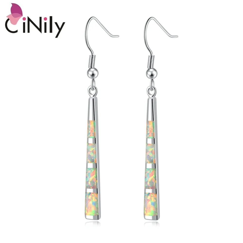 

CiNily Created White Fire Opal Silver Plated Earrings Wholesale Hot Sell Fashion for Women Jewelry Dangle Earrings 2 1/8" OH3532