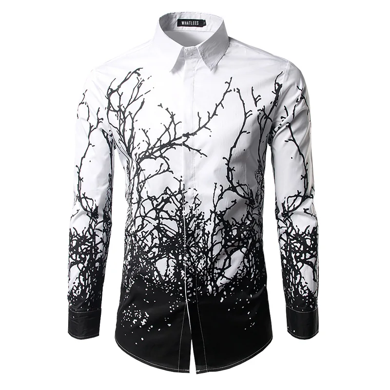Meilleur De luxe Chemise Hommes 2017 Marque Branches D encre Impression Mens Robe Chemises Casual Slim Fit Blanc Noir Chemise Homme Coton Chemises hommes