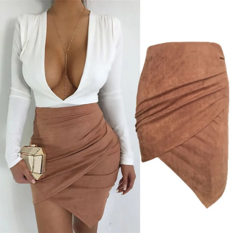 Women Skirts 2018 Women Ladies High Waiste Pencil Skirt Bodycon Suede Leather Mini Skirts Club