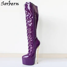 Sorbern/ г. Модные женские пикантные мотоциклетные сапоги до колена на Ультра высоком каблуке 22 см и платформе 6 см со шнуровкой для танцев