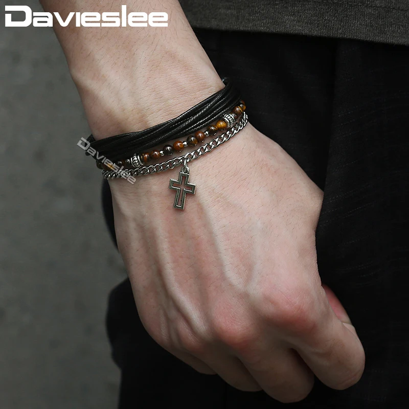 Davieslee Mens Beaded Bracelet Leather Stainless Steel Curb Cuban Chain Cross Pendant Charm 3 Layers Brown Bracelets DDLB71