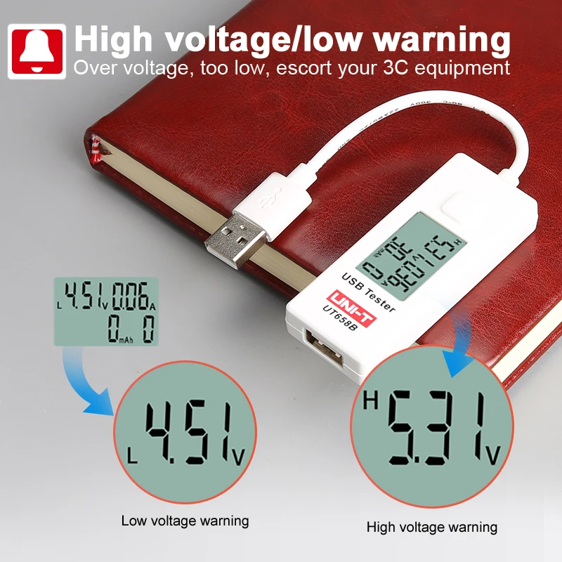 USB тестер UNI-T UT658 UT658B мобильный телефон ноутбук мобильный мощность безопасности монитор 3,0 V-9,0 V/0.0A-3.0A Предупреждение ЖК-дисплей