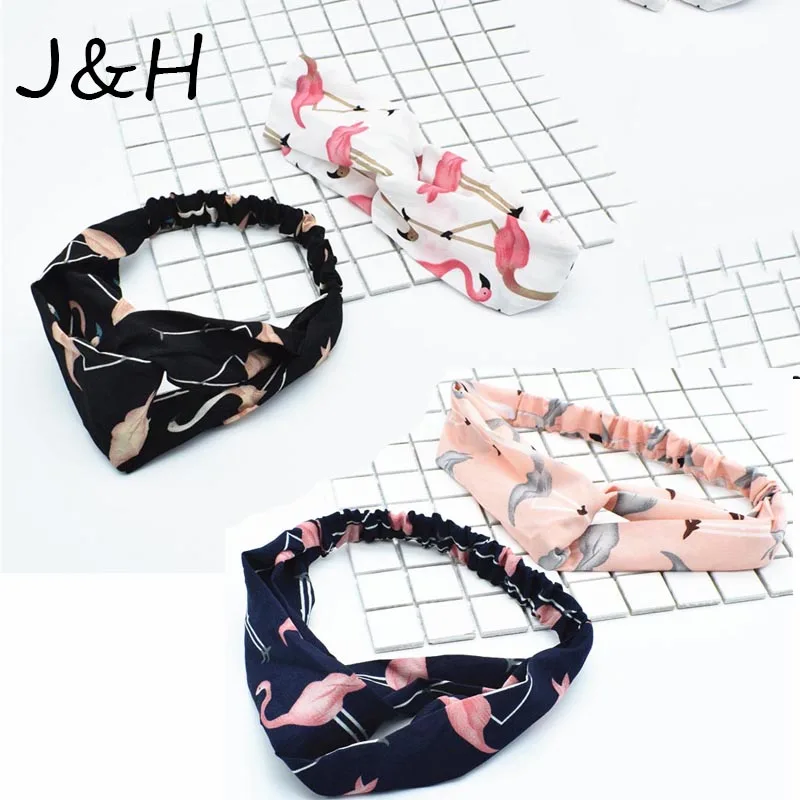 

Hot Sale Women's Spring Summer Chiffon Headbands Cartoon Flamingo Wide Bands Turban Headwear Headwrap Drop Shipping