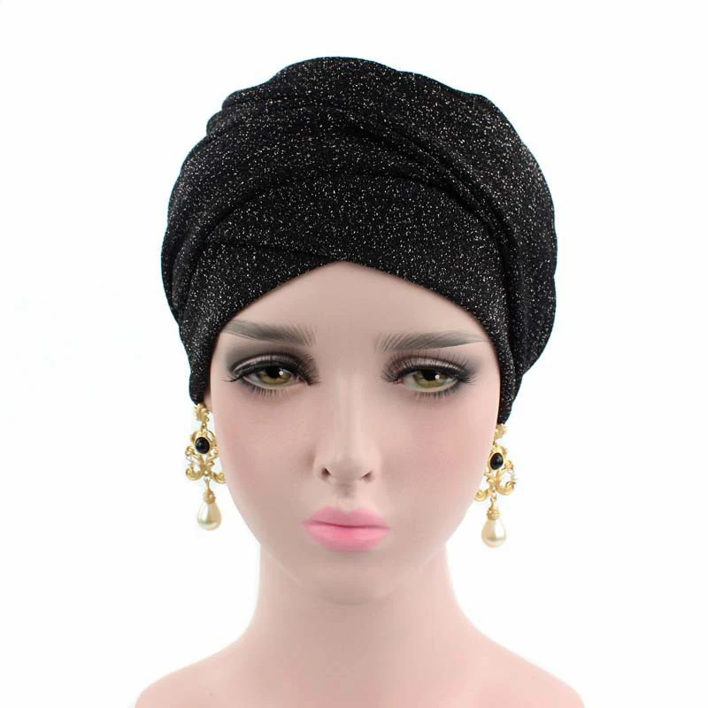 New Design metallic line Muslim Skullies& Beanies Stretch cloth headgear cap for women luxury brand head scarf African wrap hat