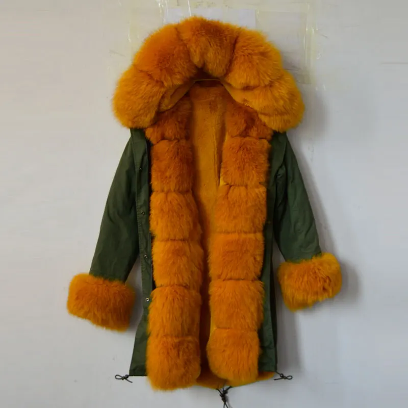 Fashion YELLOW fox fur collar hood sleeves parka Mrs furs inside long