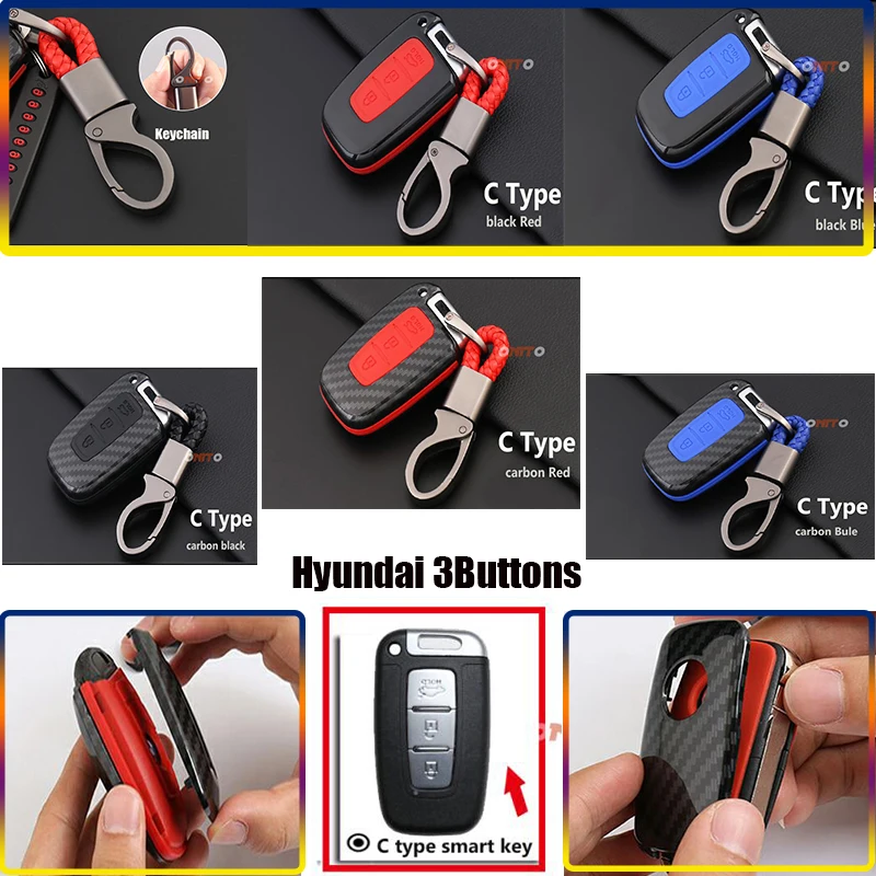 

1set Car Key Fob Cover Case car key shell bags For Hyundai keyboard Carbon Fiber +3buttons key Covers with Auto key Chain