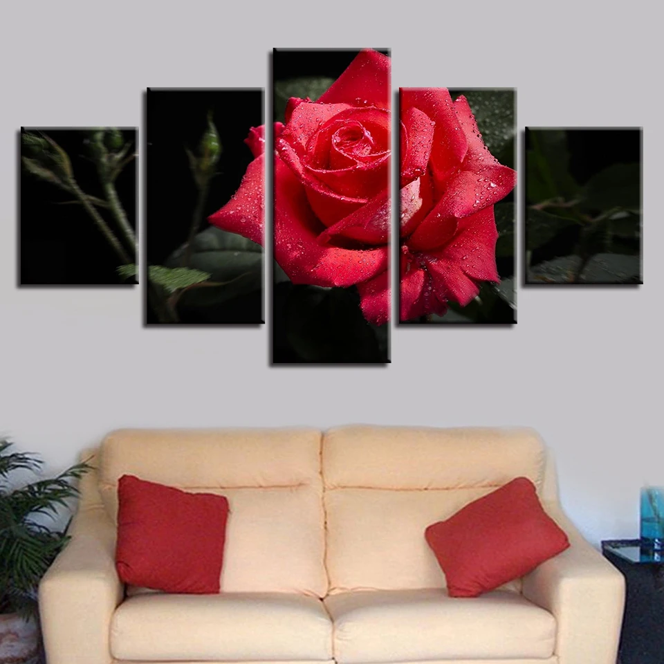 

Modern Art HD Prints Pictures Poster 5 Pieces Red Rose Flower Modular Paintings Canvas Framework Decor For Living Room Home Wall